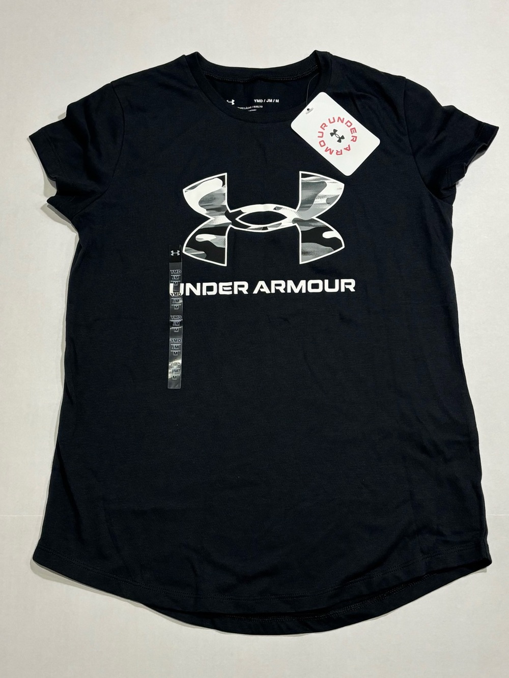 Under Armour Girls M Loose Fit Black Camo Logo Crew Neck Short Sleeve Tee